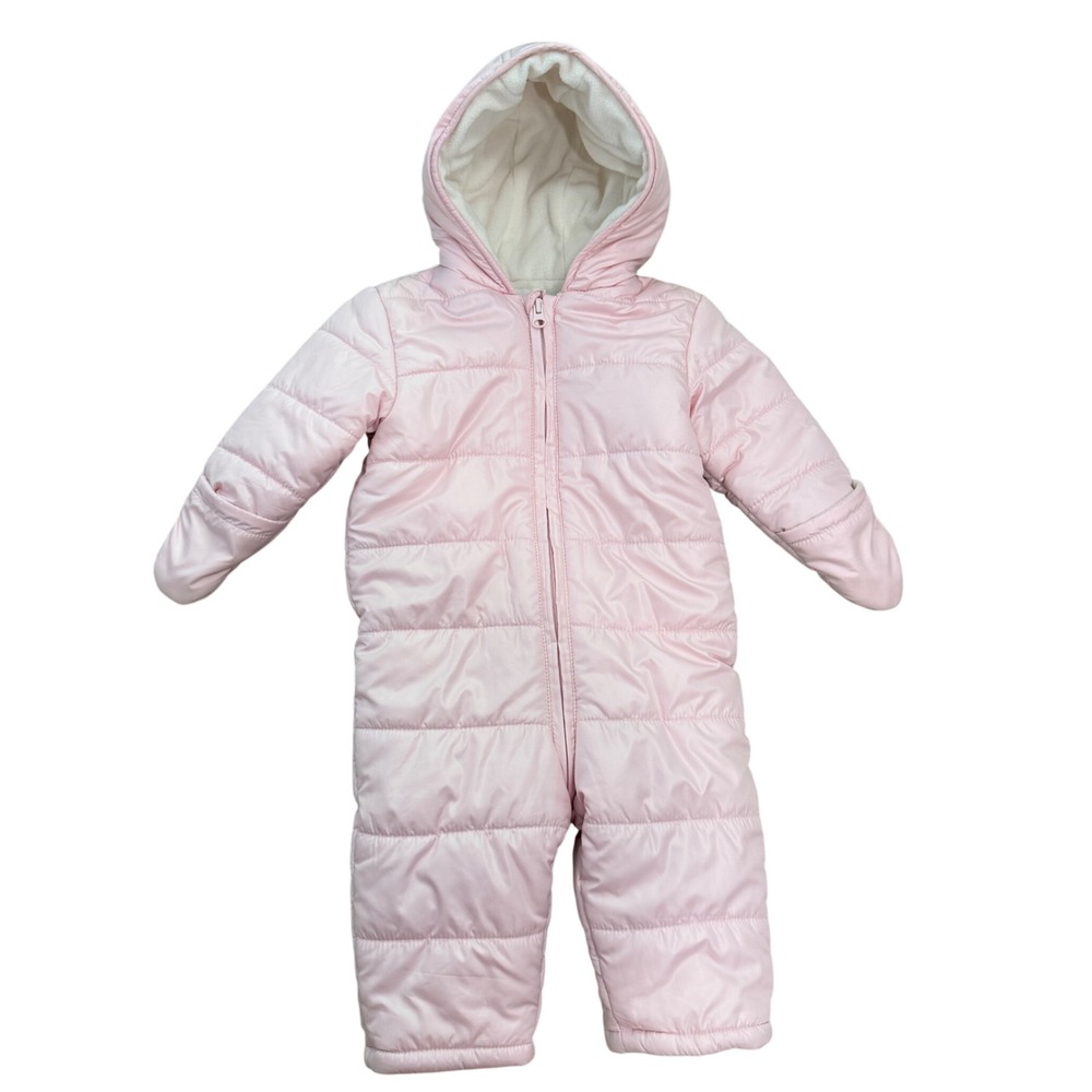 Old Navy Snowsuit Baby 12-18M Pink Quilted Fleece Lined Hooded Bunting Puffer